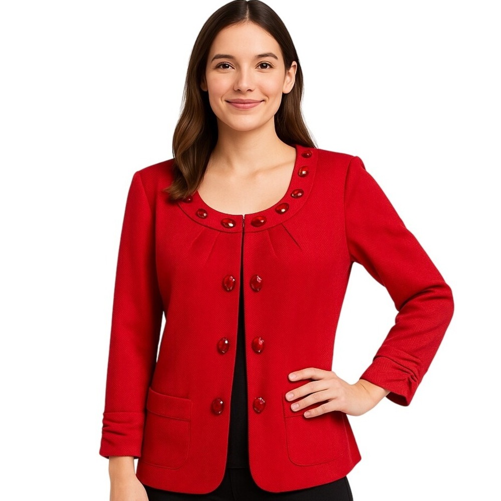 Perceptions Holiday Red Blazer 10 Jeweled Neckline Herringbone 3/4 Sleeve Jacket
